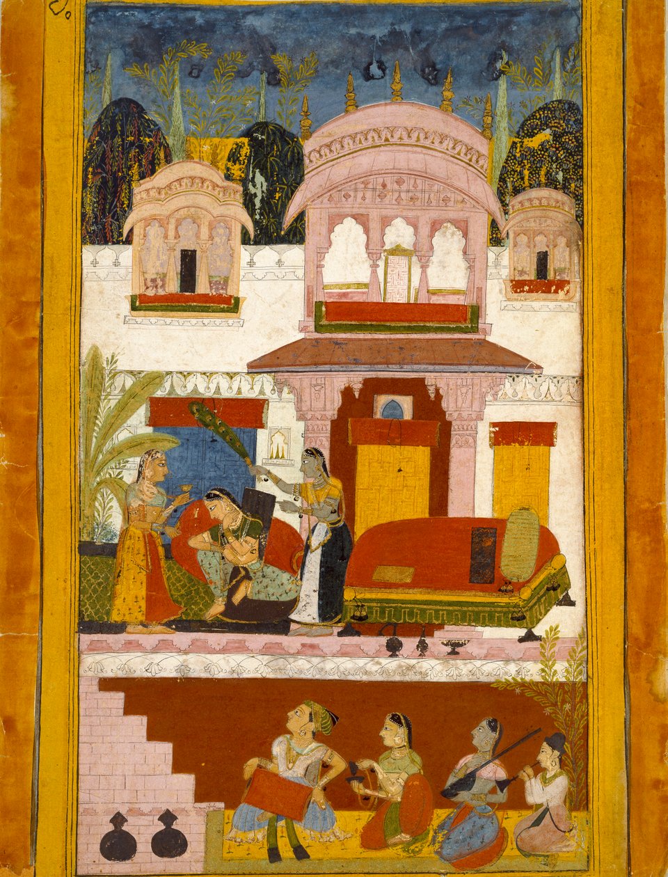 سيدة بائسة مع خادمات ، توضح الوضع الموسيقي باتامانجاري راجيني ، 1695-1700 بواسطة غير معروف