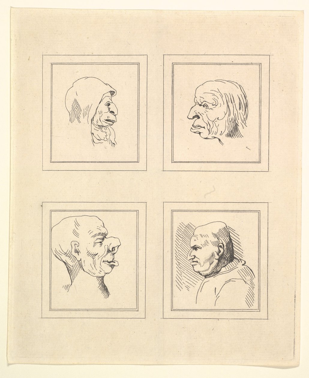 أربعة رؤوس من Characaturas بقلم ليوناردو دا فينشي ، من رسومات Wincelslaus Hollar ، o ... ، 1786. بواسطة غير معروف