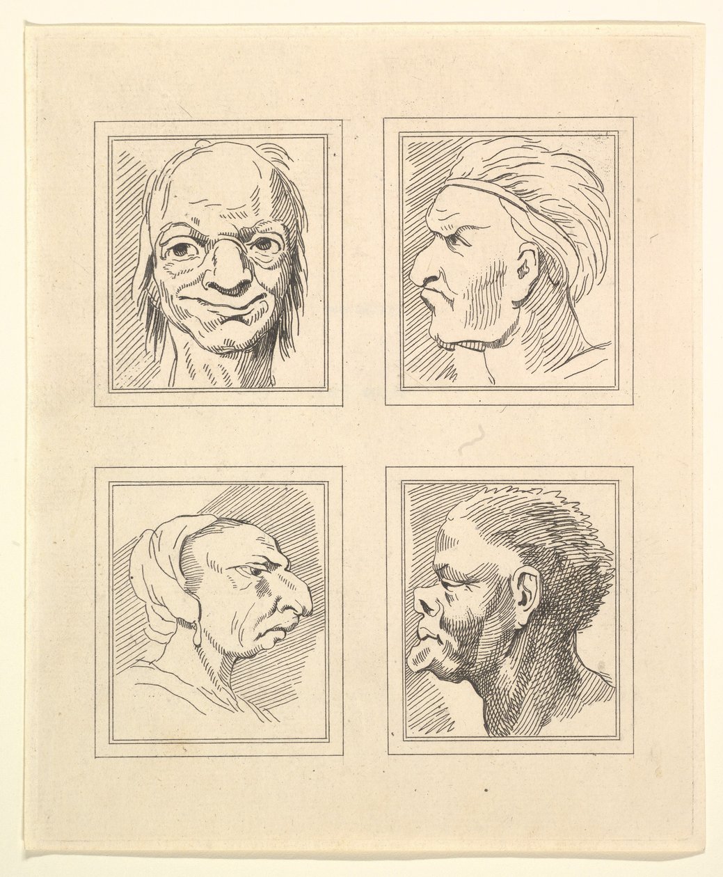 أربعة رؤوس من Characaturas بقلم ليوناردو دا فينشي ، من رسومات Wincelslaus Hollar ، o ... ، 1786. بواسطة غير معروف