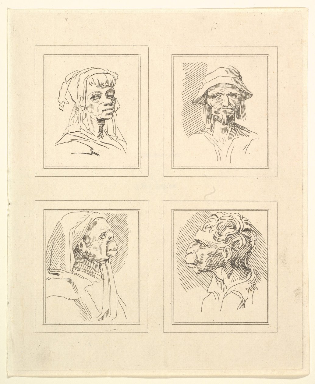 أربعة رؤوس من Characaturas بقلم ليوناردو دا فينشي ، من رسومات Wincelslaus Hollar ، o ... ، 1786. بواسطة غير معروف