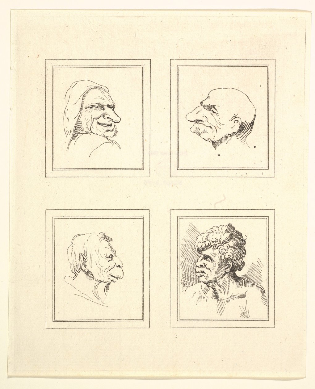 أربعة رؤوس من Characaturas بقلم ليوناردو دا فينشي ، من رسومات Wincelslaus Hollar ، o ... ، 1786. بواسطة غير معروف