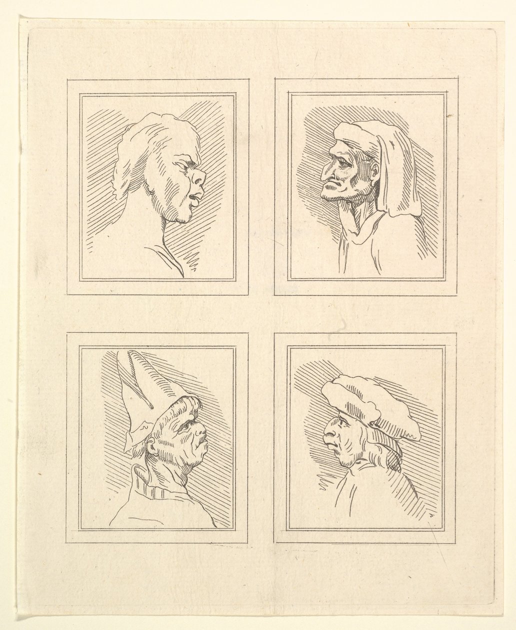 أربعة رؤوس من Characaturas بقلم ليوناردو دا فينشي ، من رسومات Wincelslaus Hollar ، o ... ، 1786. بواسطة غير معروف