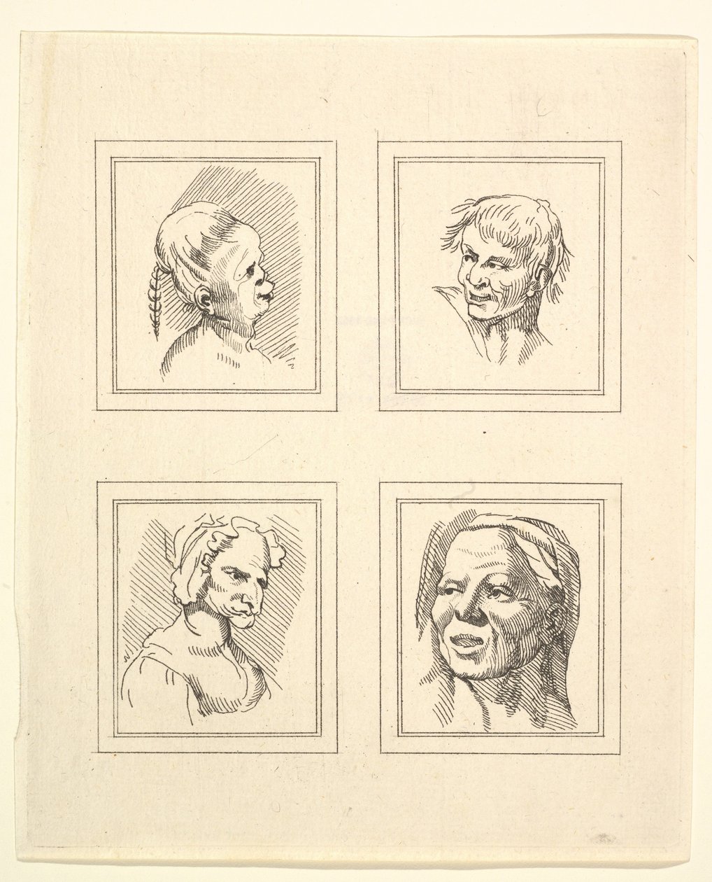 أربعة رؤوس من Characaturas بقلم ليوناردو دا فينشي ، من رسومات Wincelslaus Hollar ، o ... ، 1786. بواسطة غير معروف