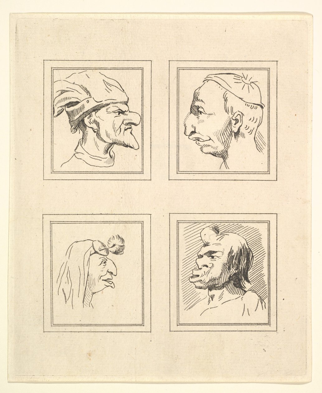 أربعة رؤوس من Characaturas بقلم ليوناردو دا فينشي ، من رسومات Wincelslaus Hollar ، o ... ، 1786. بواسطة غير معروف