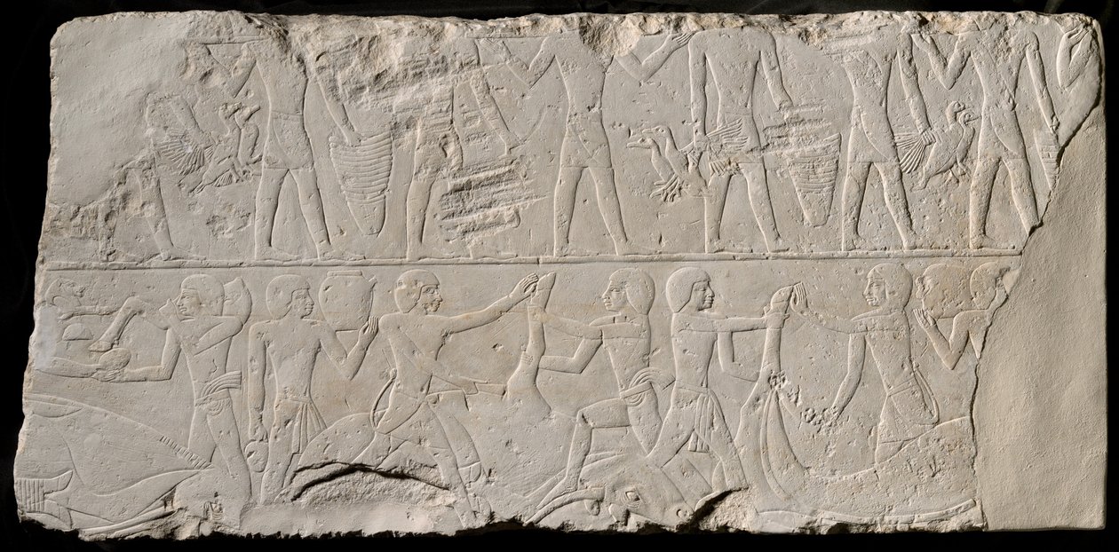 جزء من جدار مقبرة يصور حملة القرابين والجزارين ، مصر ، المملكة القديمة ، منتصف الأسرة الحاكمة ... بواسطة غير معروف