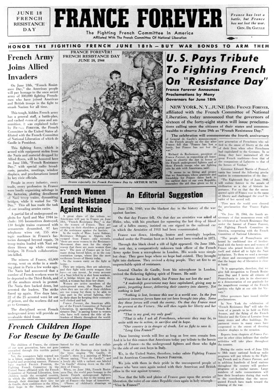 فرنسا إلى الأبد ، صحيفة 18 يونيو 1944 بواسطة غير معروف