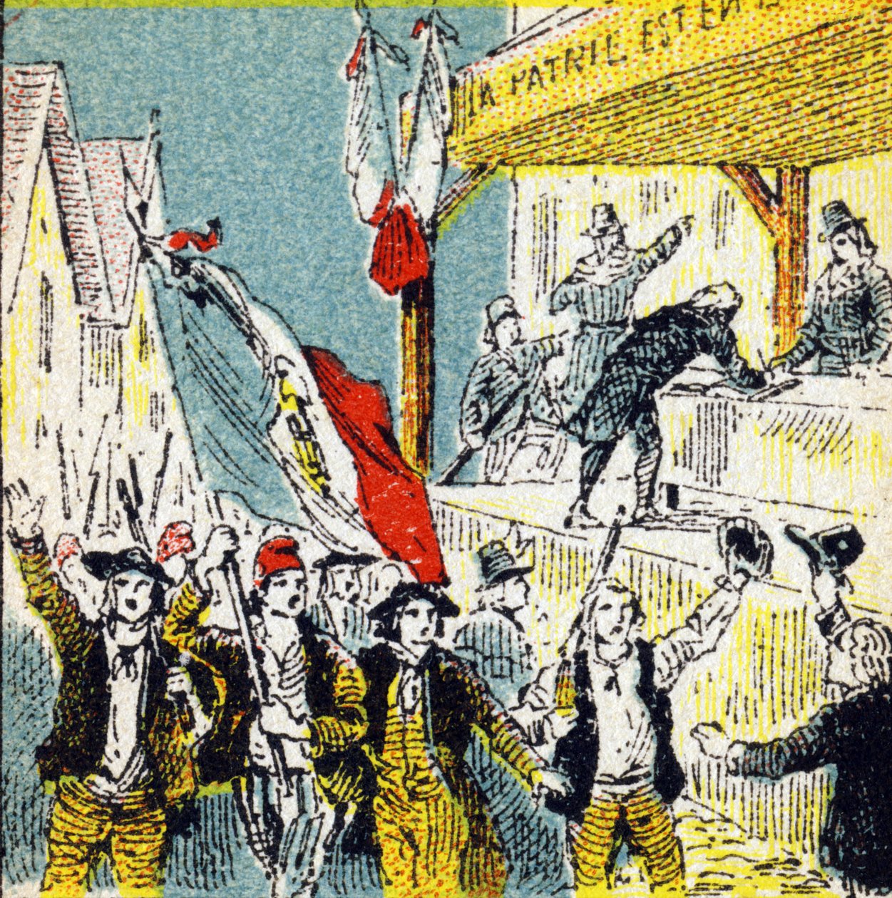 الثورة الفرنسية: النواتج الطوعية للثوار. نقش في "Histoire de France". سلسلة من الصور الإعلانية نُشرت باسم Louit ، 24 شارع d'Eysines-a-Bordeaux ، حوالي عام 1920. الحجم الإجمالي للصورة: 7.8x5.5 سم. بواسطة غير معروف