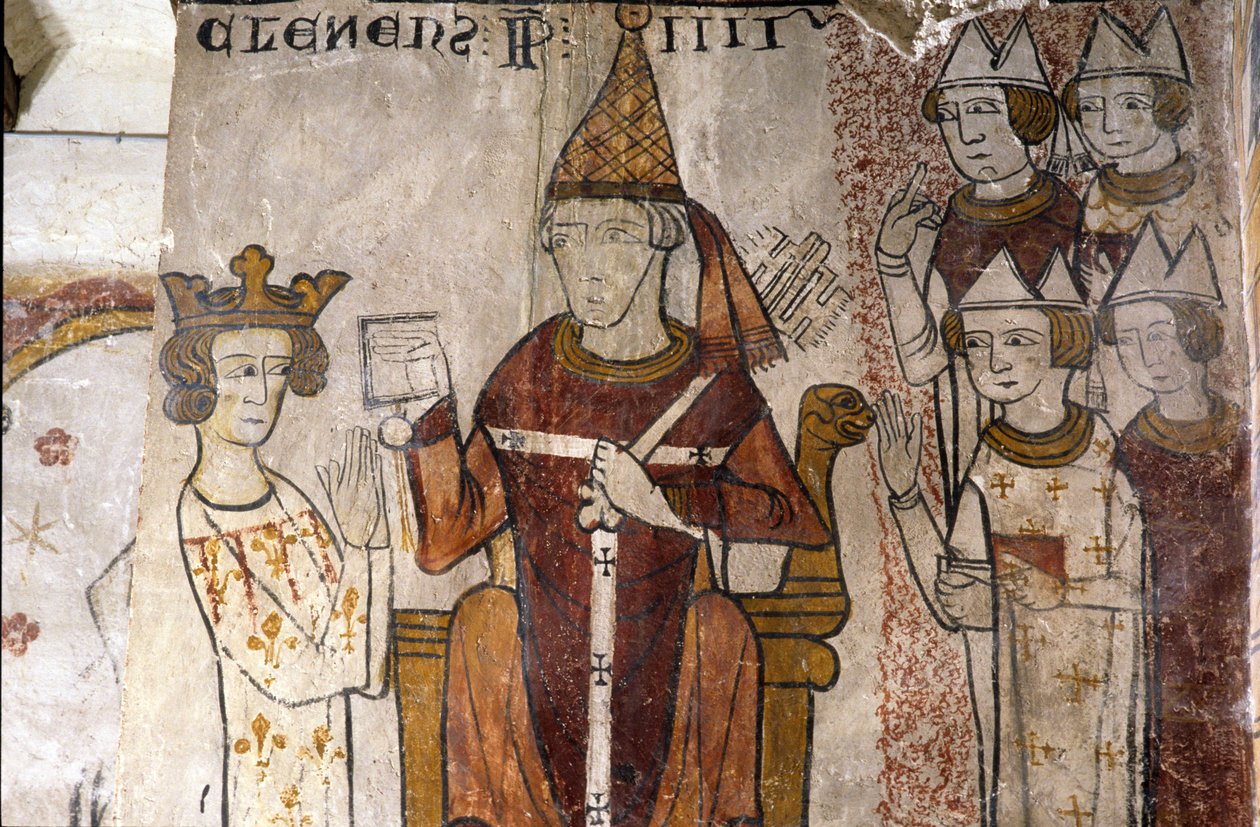 Fresco of the Ferrande Tower in Pernes-les-Fontaines (Pernes les Fontaines, Vaucluse (84)) from the 13th century: Charles I of Anjou (1226-1285) was invested in the Kingdom of Sicily on 28/06/1265 by Pope Clement IV (v. 1195-1268). بواسطة غير معروف