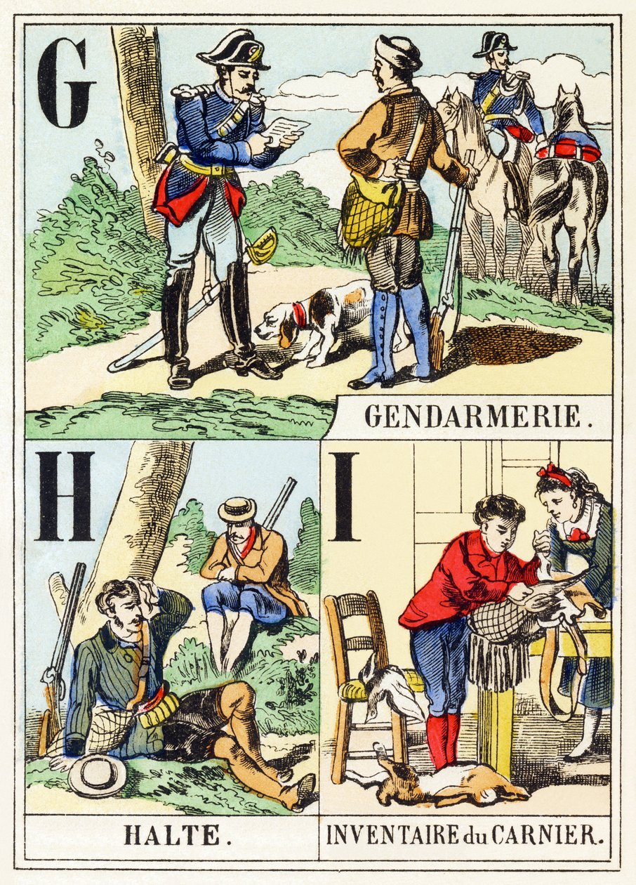 GHI: Gendarmerie، Halte، Inventory of the game bag - The Hunting Alphabet، c1890 (نقش) بواسطة غير معروف