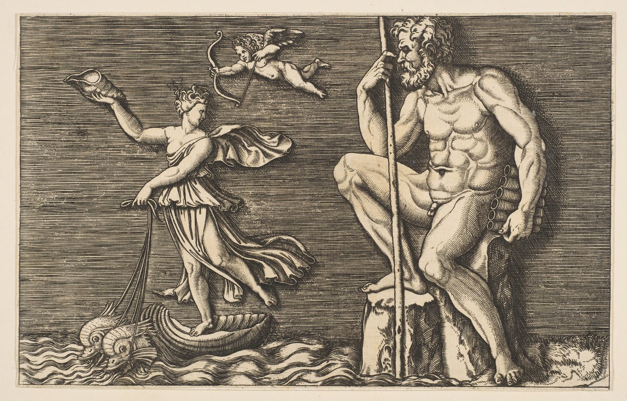 Galatea يهرب من Polyphemus ، يجلس على صخرة تحمل طاقمًا وأنابيب و ... ، كاليفورنيا. 1515-1600. بواسطة غير معروف
