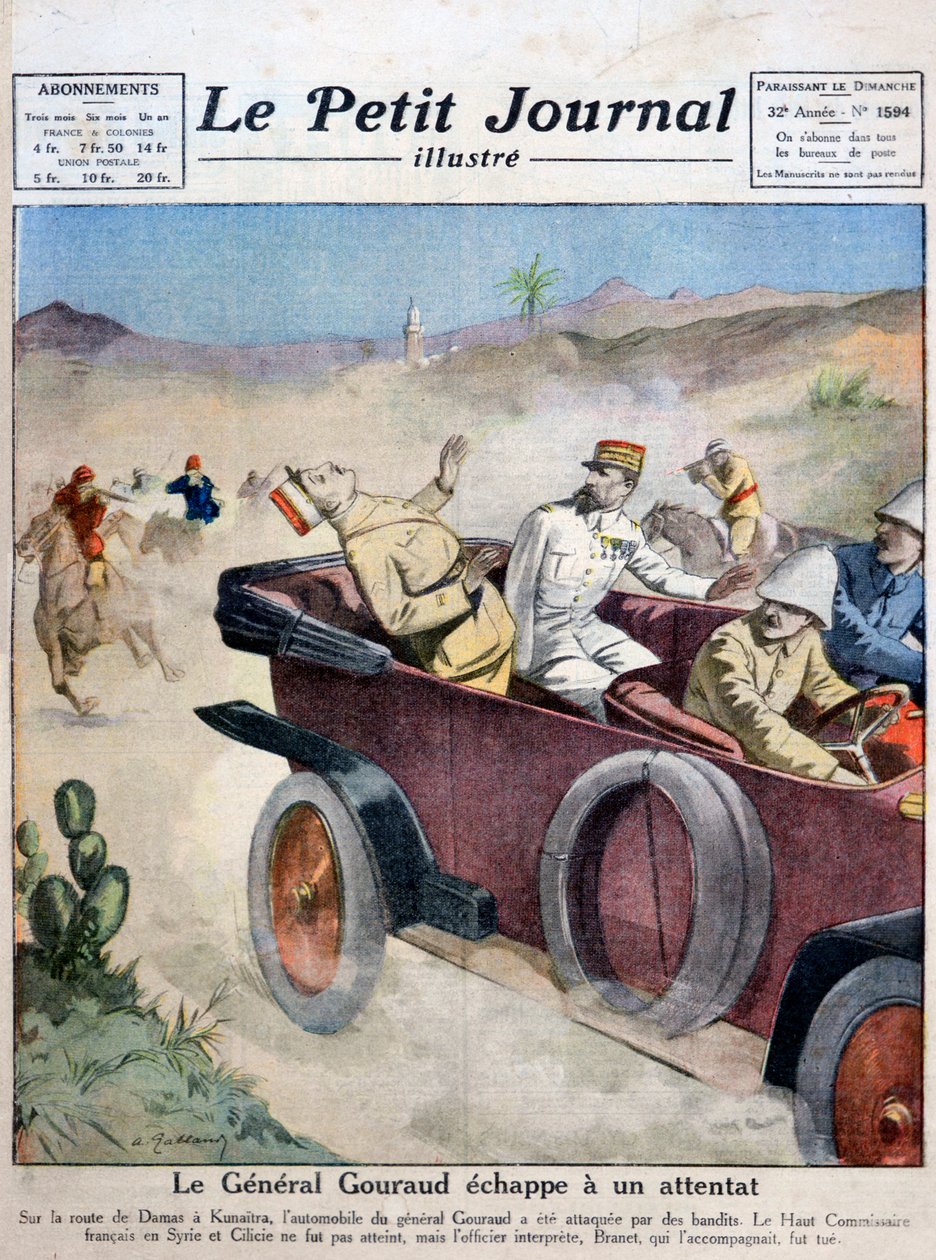 نجا الجنرال غورو من محاولة اغتيال في الطريق من دمشق إلى كونايترا ، 1921 بواسطة غير معروف