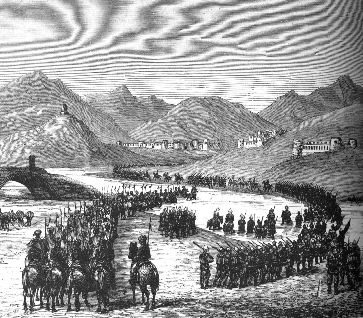 قسم روس العام يعبر نهر لوغار في طريقه للقاء السير دونالد ستيوارت ، c1880 بواسطة غير معروف