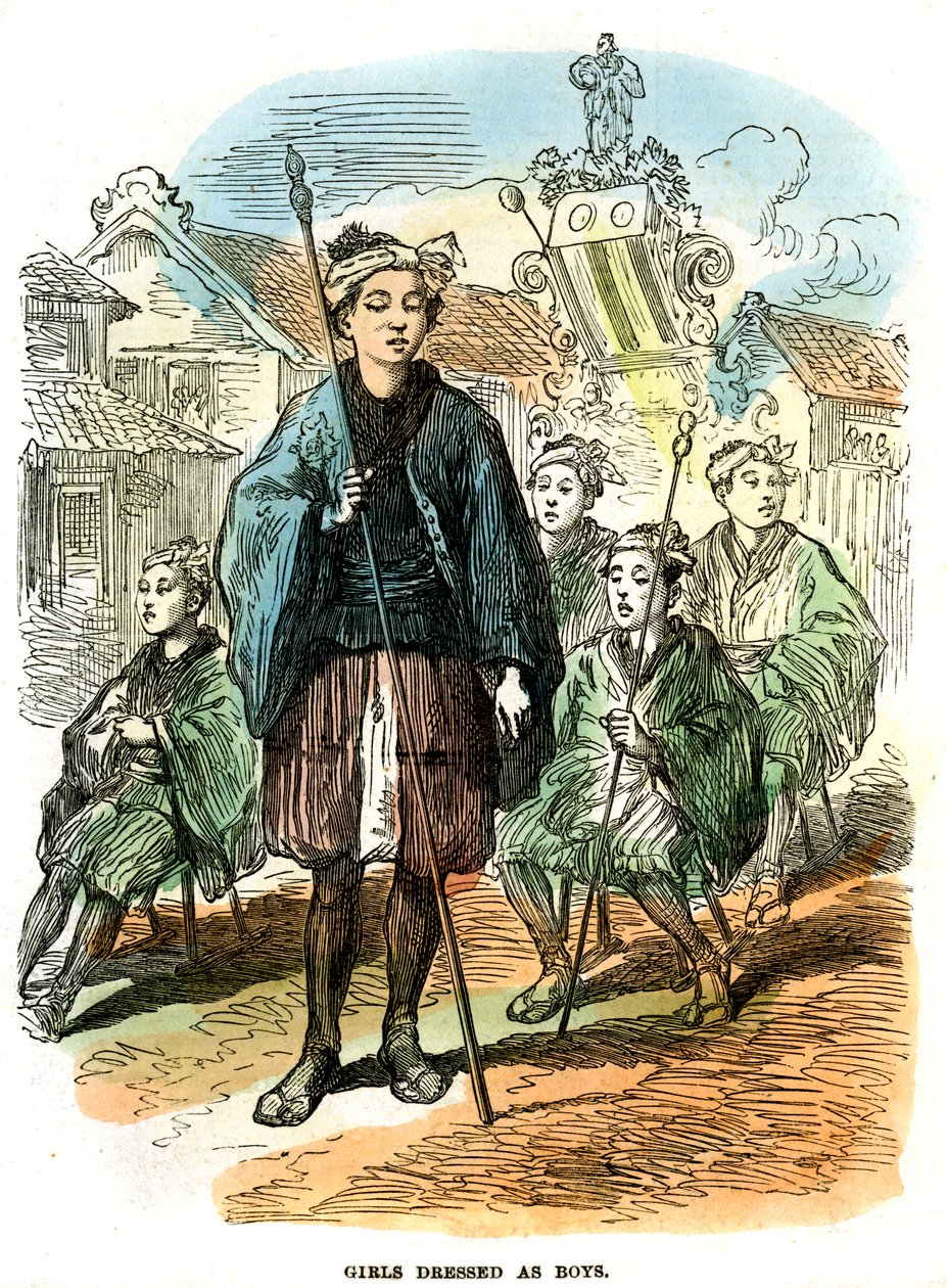 الفتيات يرتدون ملابس الأولاد ، موكب مهرجان السنة الجديدة في يوكوهاما ، اليابان ، 1872 بواسطة غير معروف