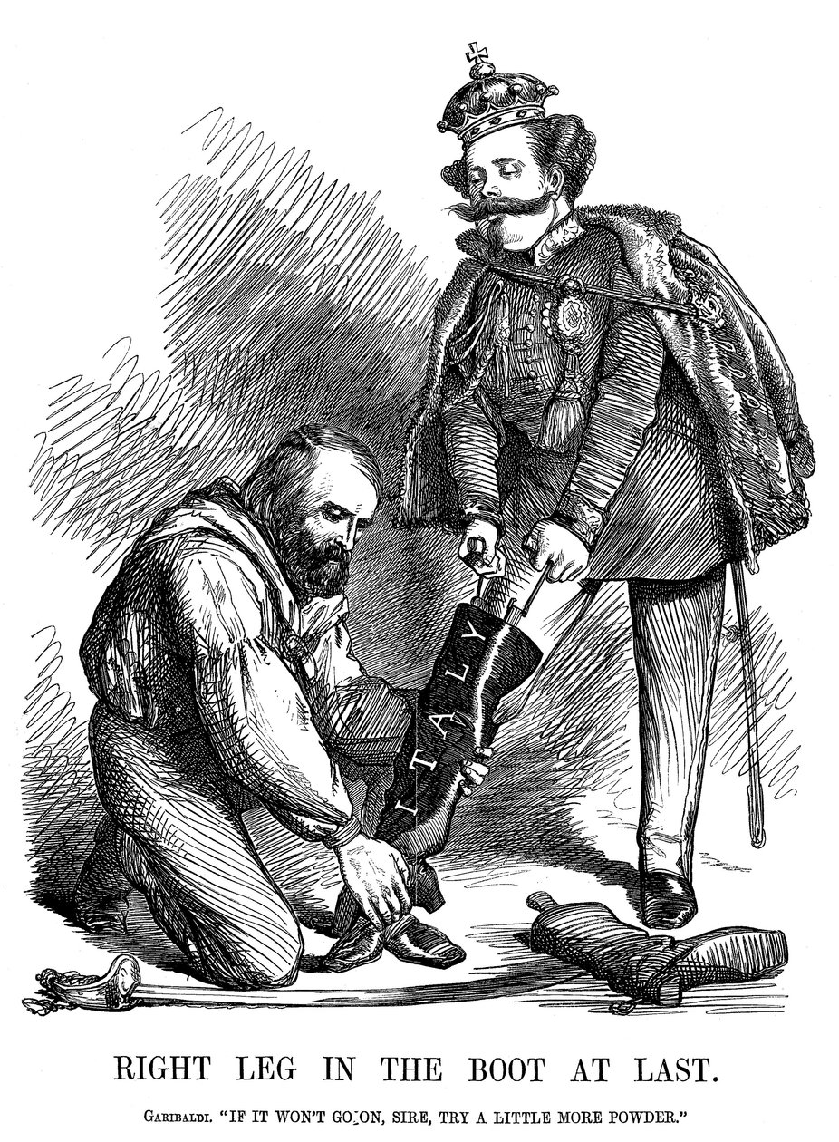 جوزيبي غاريبالدي يساعد فيكتور إيمانويل الثاني على حذاء إيطاليا ، 1860 بواسطة غير معروف