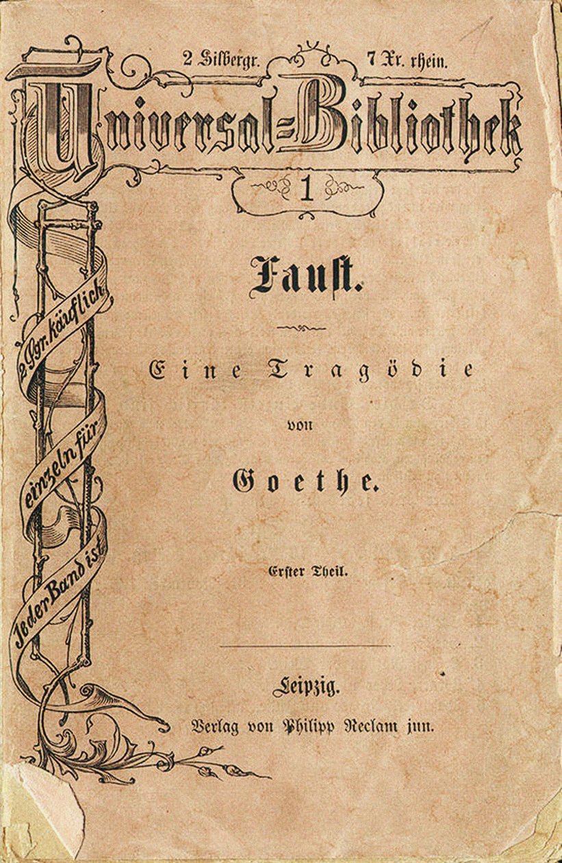 ظهر مجلد Goethes Faust I ، المجلد الأول من مكتبة Reclams العالمية ، في 10 نوفمبر 1867 ، 1 بواسطة غير معروف