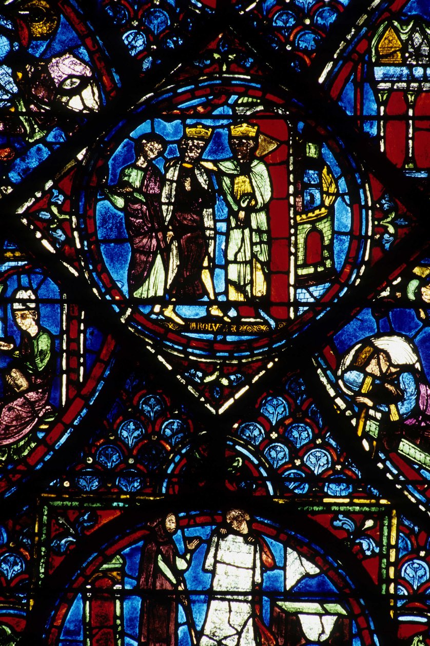 العمارة القوطية. Histoire de Charlemagne (التفاصيل): استقبل شارلمان (742-814) قسطنطين الأول ، الإمبراطور البيزنطي. زجاج معشق من العيادات الشمالية ، عبسي. كاثيدرال دي شارتر. بواسطة غير معروف