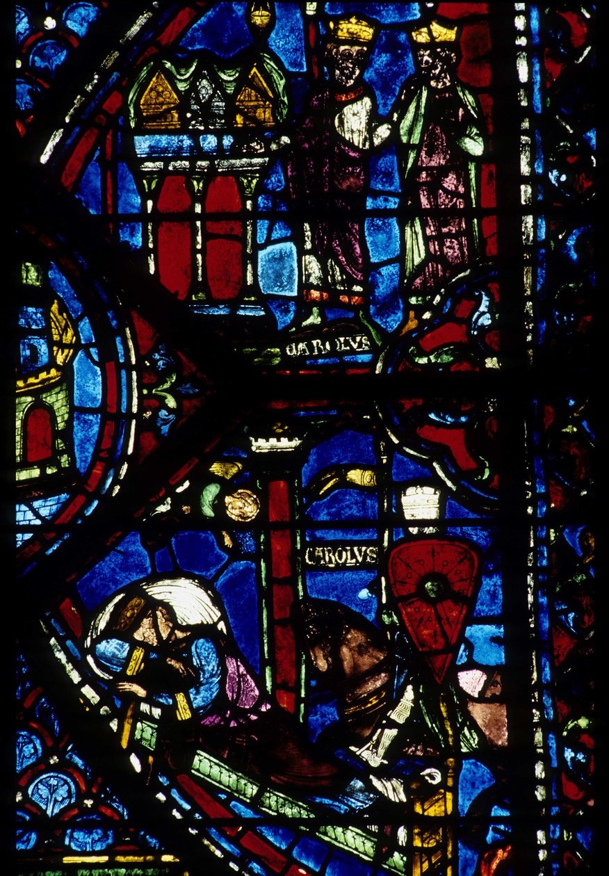 العمارة القوطية. Histoire de Charlemagne (التفاصيل): تلقى شارلمان (742-814) 3 مطاردة (عالية) ورؤية قسطنطين (الأول ، الإمبراطور البيزنطي). زجاج معشق من العيادات الشمالية ، عبسي. كاثيدرال دي شارتر. بواسطة غير معروف
