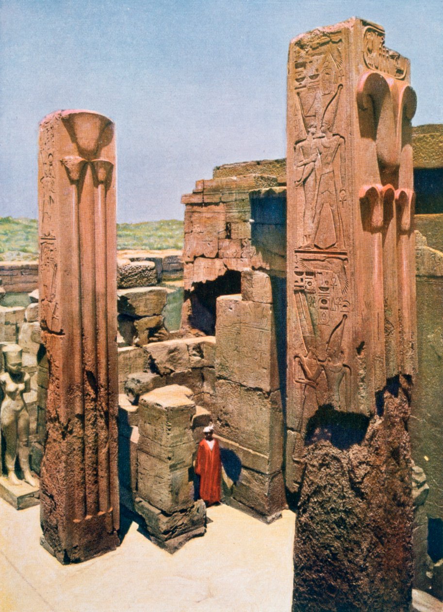 أعمدة من الغرانيت مع زخرفة اللوتس وزخرفة البردي ، معبد آمون ري ، الكرنك ، مصر ، القرن العشرين بواسطة غير معروف