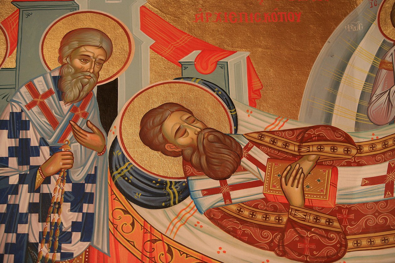 رمز أرثوذكسي يوناني يصور رقاد القديس غريغوريوس بالاماس (الموت) ثيسالونيكي غريس بواسطة غير معروف