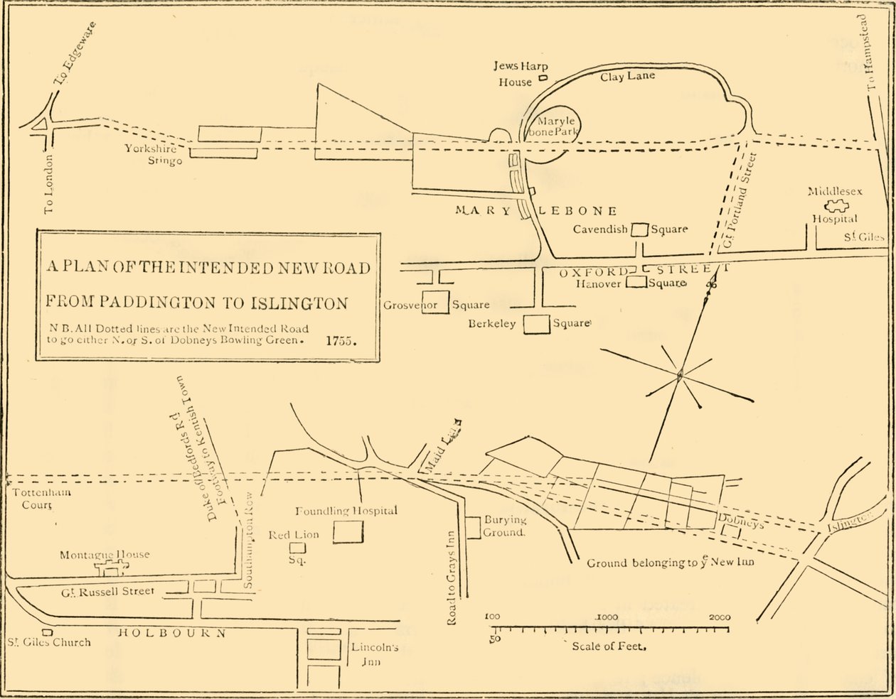 المخطط الأرضي لطريق جديد من Islington إلى Edgware Road ، 1755 ، c1876. بواسطة غير معروف