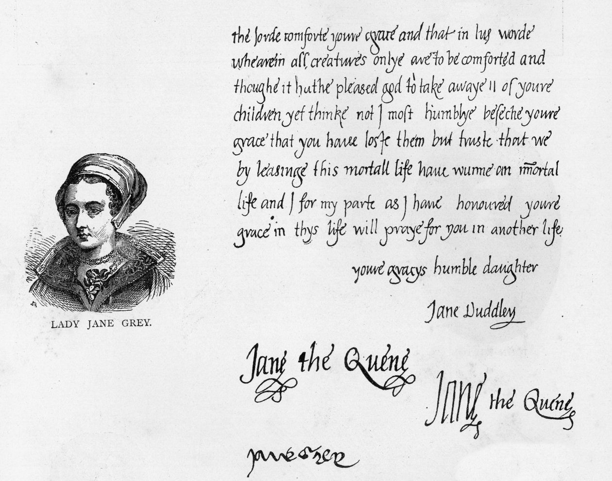 Handwriting and signatures of Lady Jane Grey as Queen with a letter signed Jane Dudley and written to her father, the Duke of Suffolk, just before her execution بواسطة غير معروف