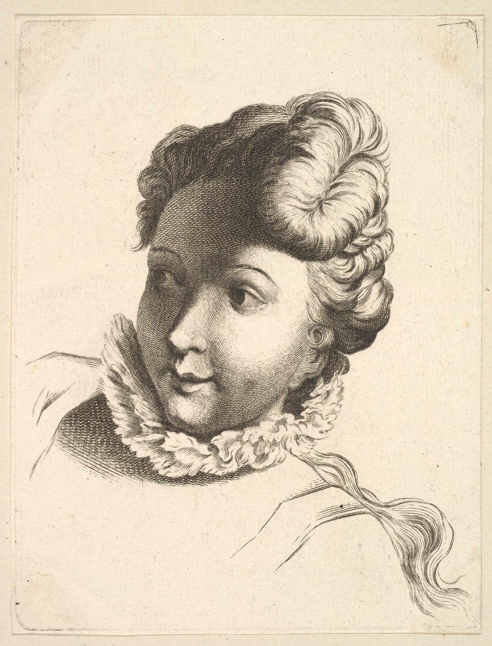 رأس امرأة ترتدي رفًا ، من Livre de Têtes Gravées dapres F. Boucher et ... ، القرن الثامن عشر. بواسطة غير معروف