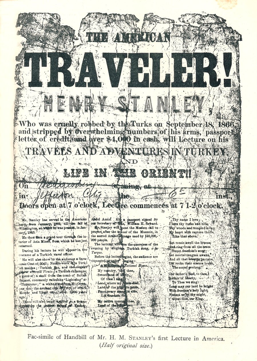 اكتشف Henry M.Stanley ، Handbill من Lecture Tour في أمريكا ، في سن 31 ، Dr.Livingstone في إفريقيا بواسطة غير معروف