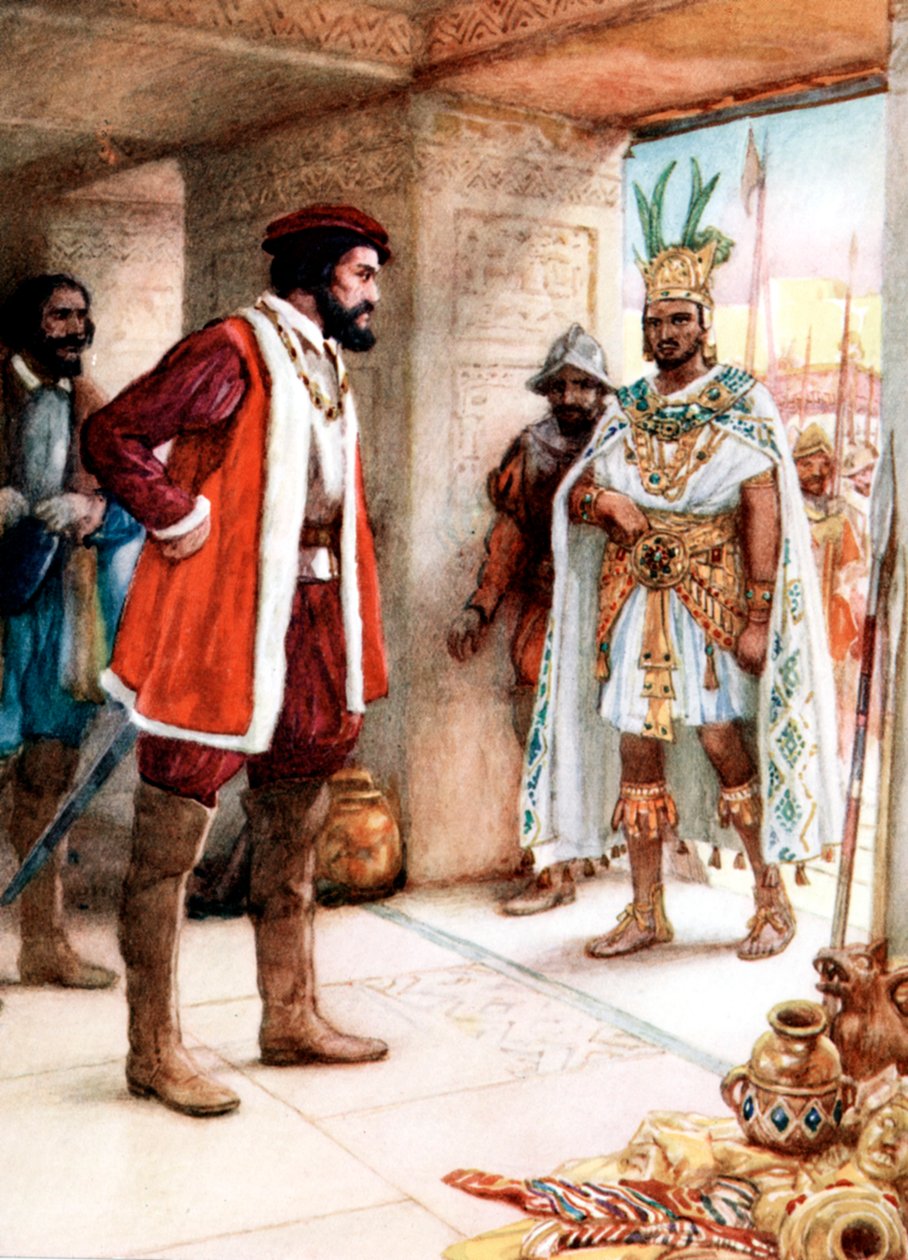 لقاء هرنان كورتيس مع إمبراطور الأزتك مونتيزوما ، 1519 بواسطة غير معروف
