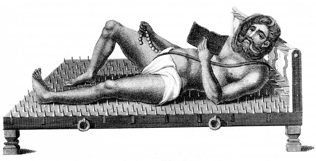 الفيلسوف الهندوسي Pararum Soatuntre Perkasanund مستلق على سرير من المسامير الحديدية ، 1811 بواسطة غير معروف