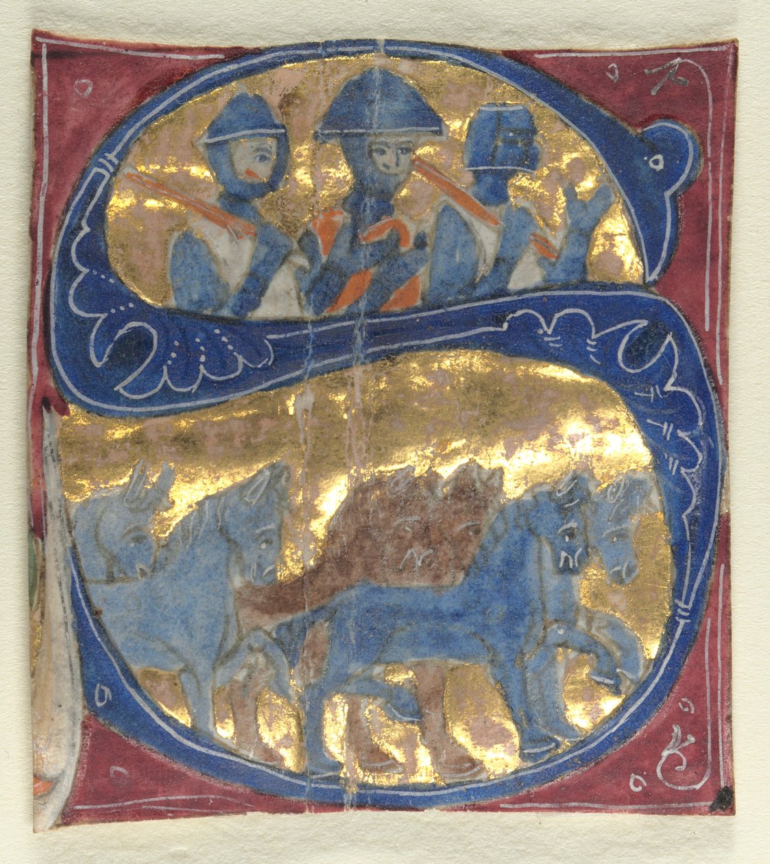 الحرف الأولي التاريخي S المستخرج من الكتاب المقدس: الجنود والخيول ، 1200s. بواسطة غير معروف