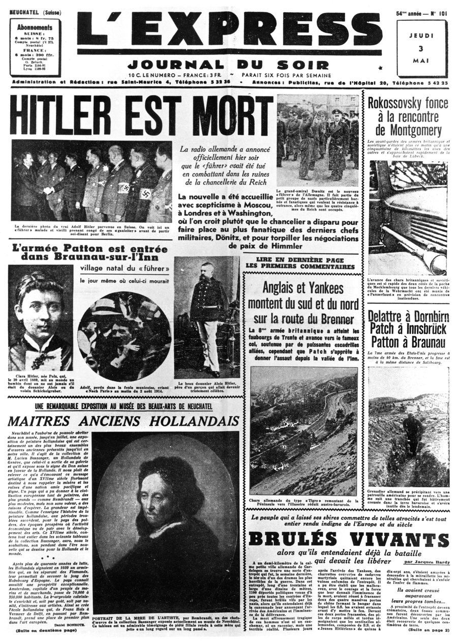 هتلر ميت ، الصفحة الأولى من صحيفة LExpress ، 3 مايو 1945 بواسطة غير معروف