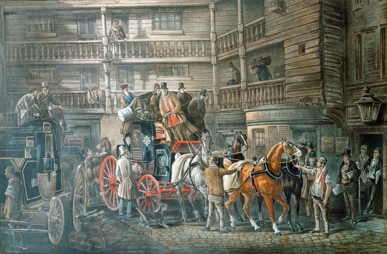 ساحة نزل مع Mail Coach يستعد للمغادرة ، c1840 بواسطة غير معروف
