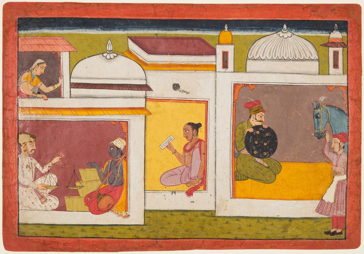 داخل مبنى ، Madhava يجلس في مواجهة رجل يحمل مقياسًا ، من Madhavanala ... ، ج. 1700. بواسطة غير معروف