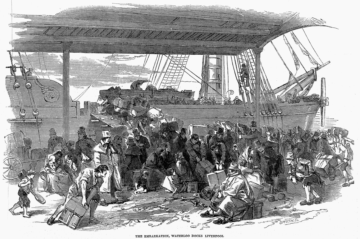 المغتربون الأيرلنديون في طريقهم إلى أمريكا في واترلو دوكس ، ليفربول ، 1850 بواسطة غير معروف