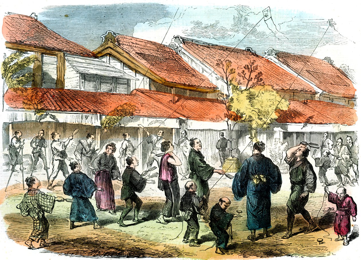 لعبة قتال يابانية وكرة الريشة في شوارع يوكوهاما ، 1865 بواسطة غير معروف