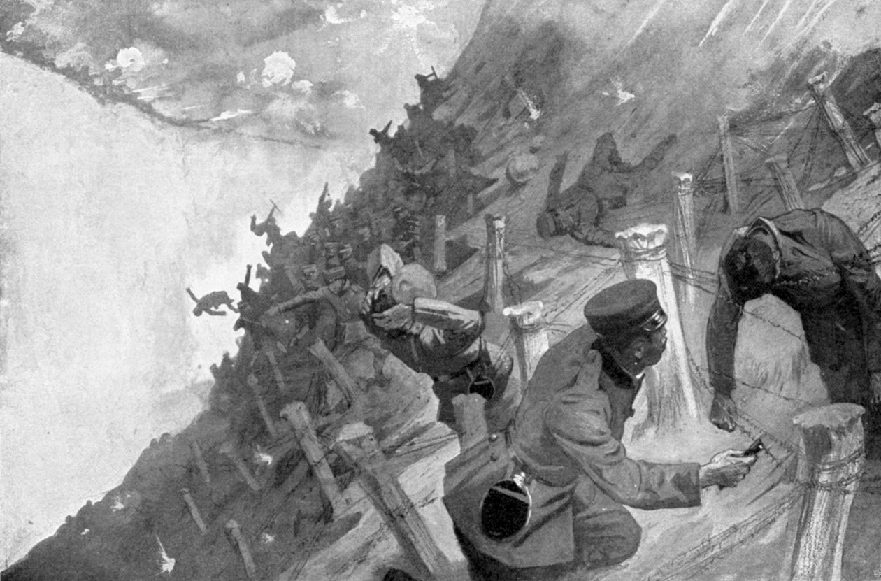 ذبحت القوات اليابانية عبور الأسلاك الشائكة الروسية ، الحرب الروسية اليابانية ، 1904-5 بواسطة غير معروف