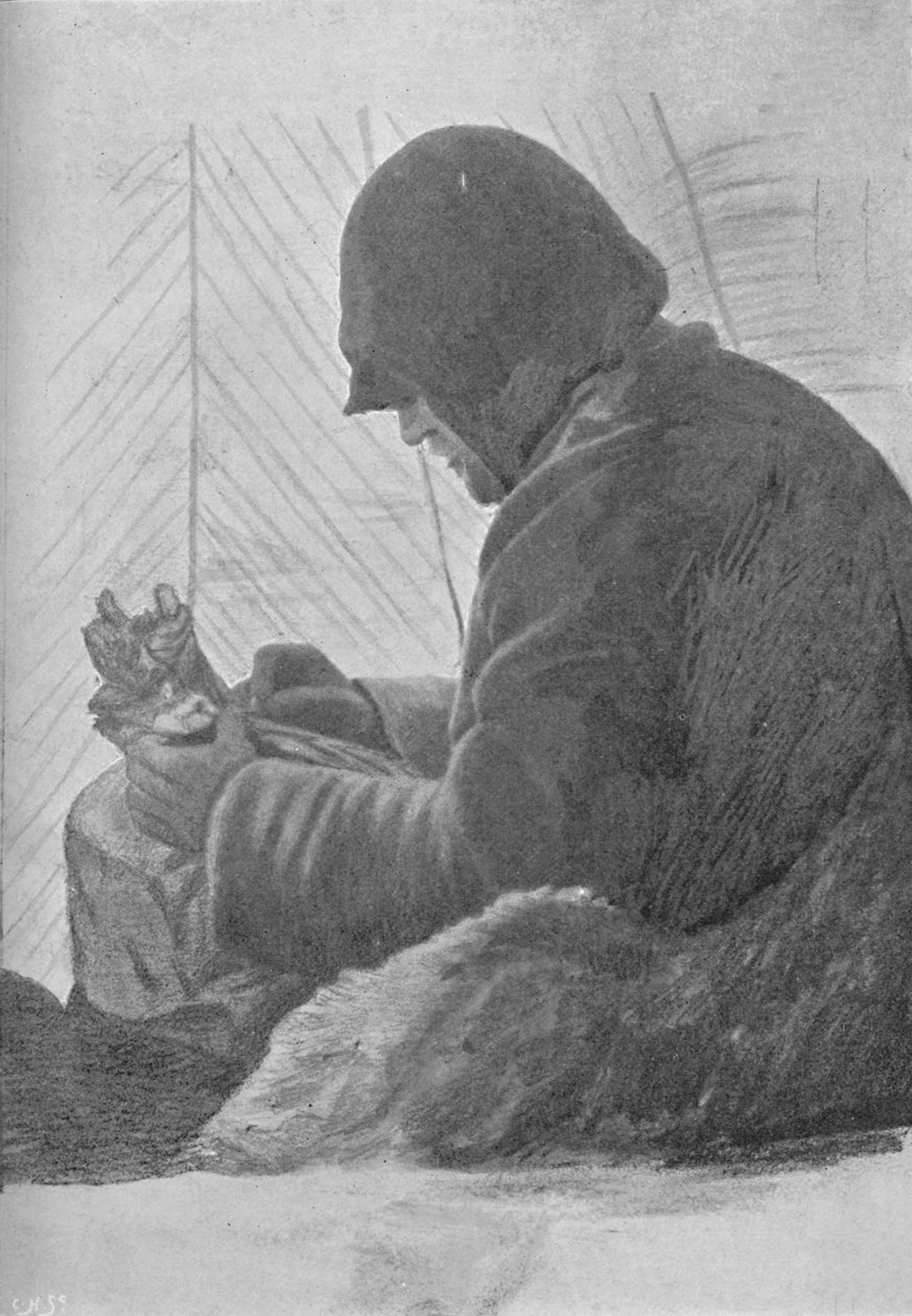 يوهانسن يجلس في كيس النوم في الكوخ ، c1893-1896 ، 1897 بواسطة غير معروف