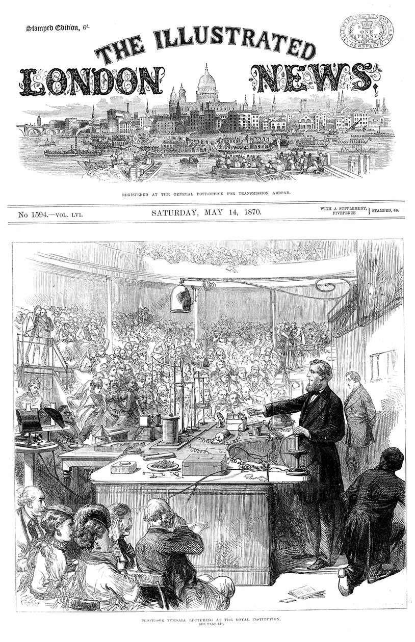 جون تيندال يحاضر عن الكهرومغناطيسية في المعهد الملكي ، لندن. مايو 1870 بواسطة غير معروف