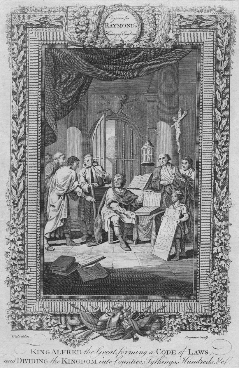 الملك ألفريد الكبير ، تشكيل مدونة قوانين ، وتقسيم المملكة إلى مقاطعات ، c1787 بواسطة غير معروف
