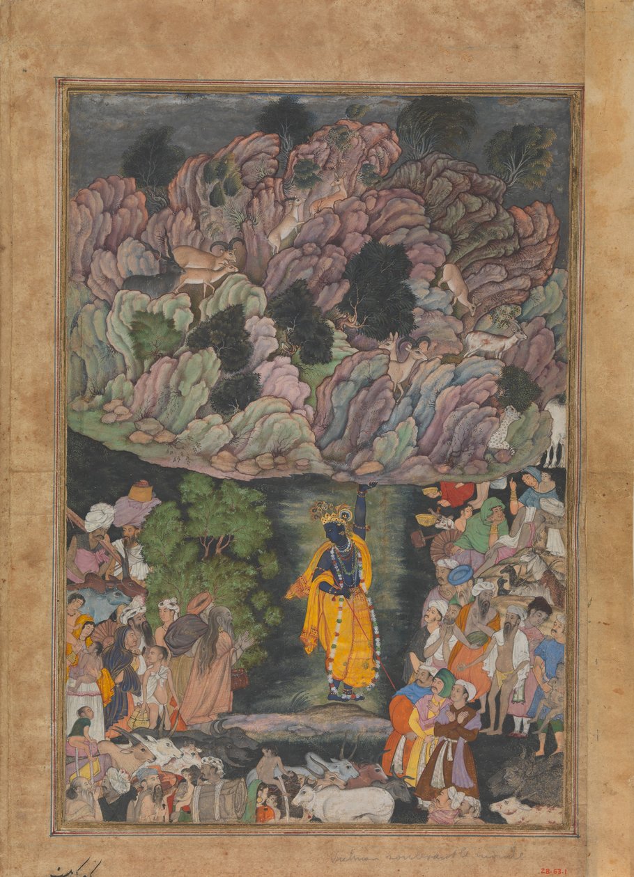 كريشنا يحمل جبل جوفاردهان لإيواء القرويين في براج ، فوليو من ... ، كاليفورنيا. 1590-95. بواسطة غير معروف
