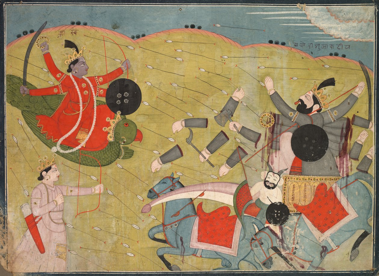 كريشنا قهر فاناسورا: مشهد من قسم أنيرودا أوشا في كريشنا ليلا ، ج. 1840. بواسطة غير معروف