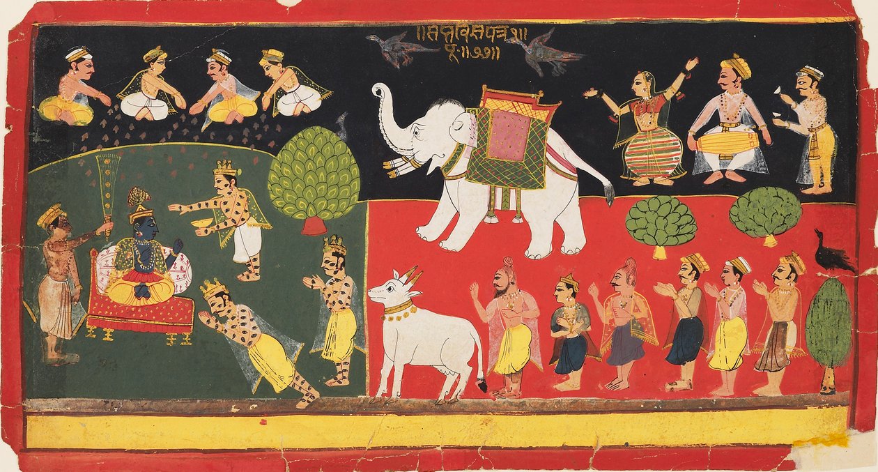 كريشنا يوقر من قبل إندرا وصوله على فيل أبيض ، c1720 بواسطة غير معروف