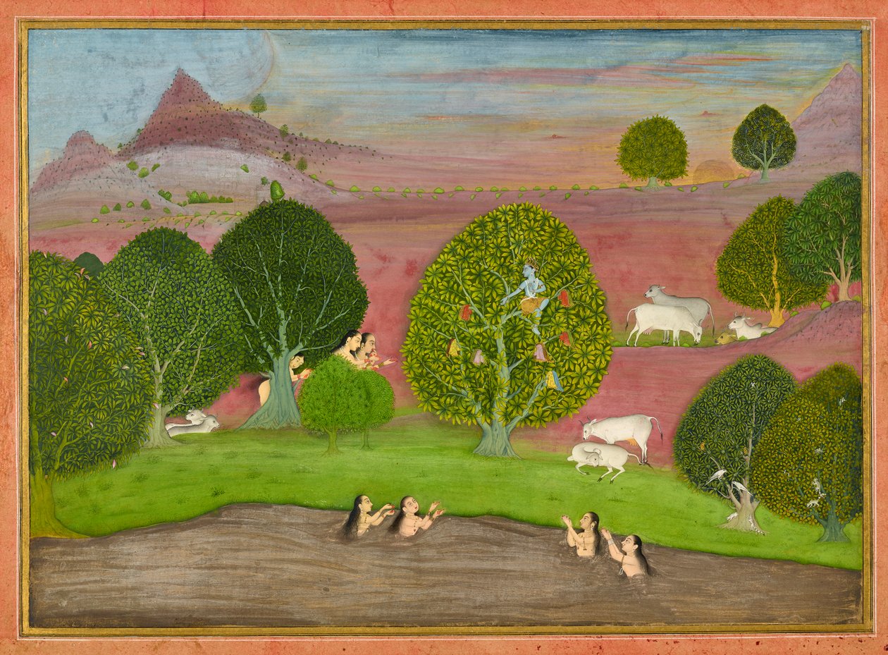 كريشنا يسرق ملابس gopis ، ورقة من Bhagavata Purana ، كاليفورنيا. 1690-1700. بواسطة غير معروف