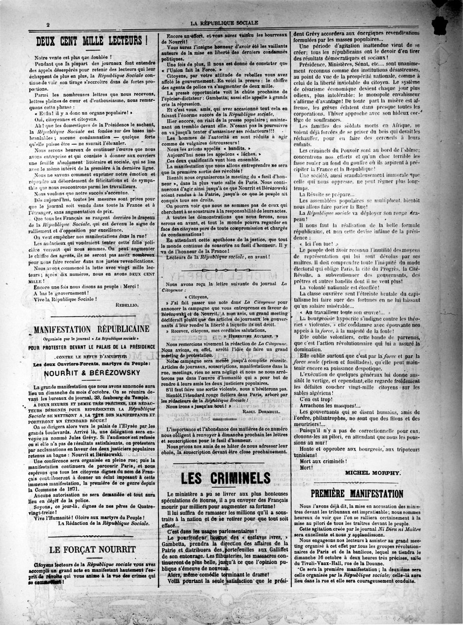 صحيفة La Republique Sociale في 13 أكتوبر 1881 بواسطة غير معروف