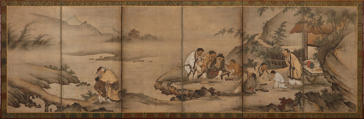 منظر طبيعي: الحكماء السبعة في بستان الخيزران ، فترة موموياما ، 1568-1615. بواسطة غير معروف