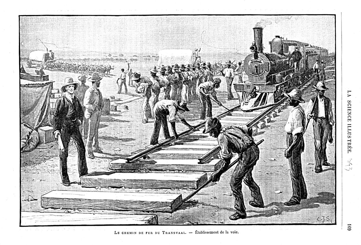 وضع النائمة والقضبان بشكل دائم على سكة حديد ترانسفال ، جنوب أفريقيا ، 1893 بواسطة غير معروف