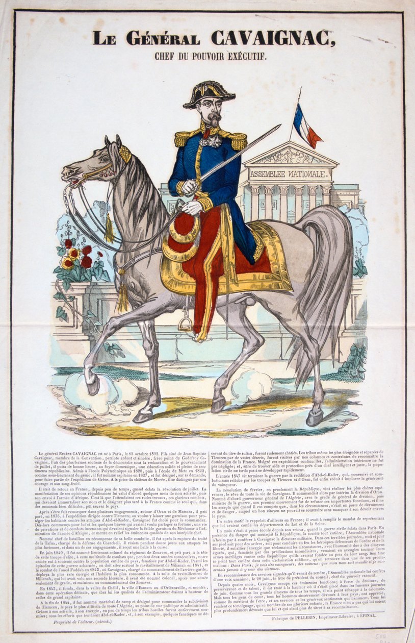 Le General Cavaignac 28 Juin 1848 ، فرنسا. الطباعة الحجرية الملونة. مجموعة خاصة بواسطة غير معروف