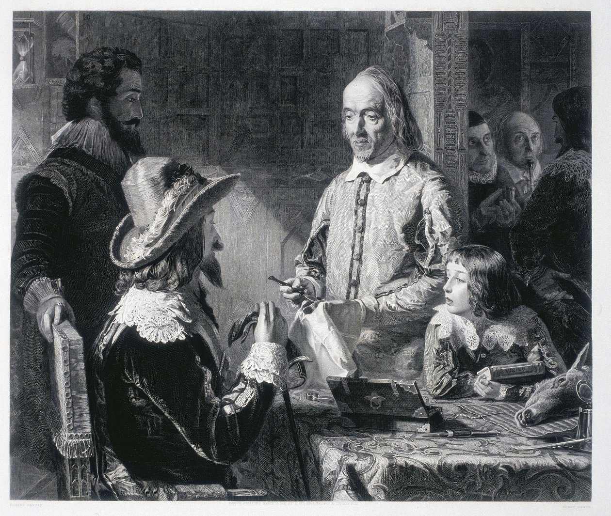الطبيب الإنجليزي ويليام هارفي (1578-1637) يظهر للملك تشارلز الأول ستيوارت ملك إنجلترا (1600-1649) نظرية الدورة الدموية بواسطة غير معروف