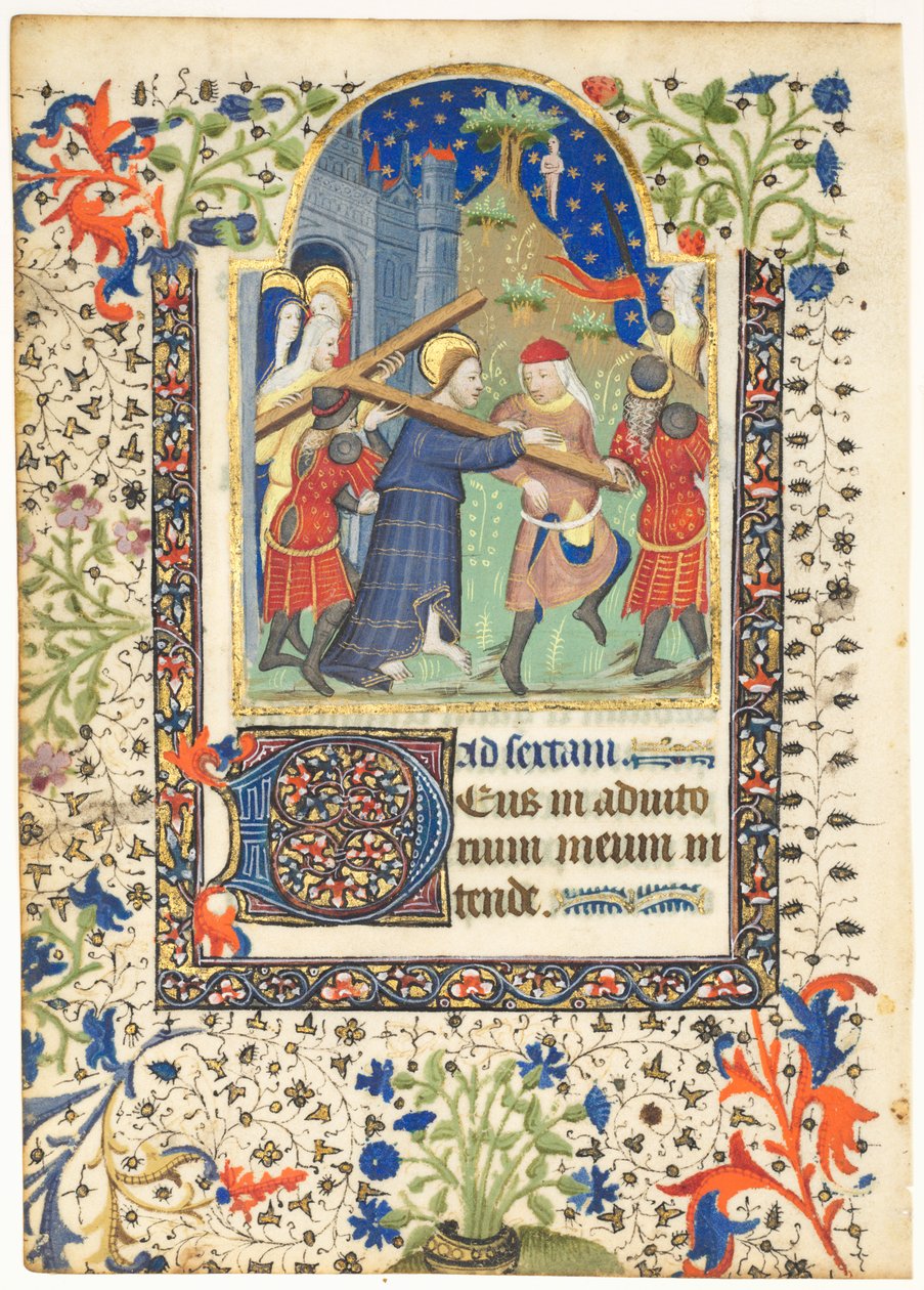 ورقة من كتاب ساعات: المسيح يحمل نص الصليب ، ساعات الصليب ، ج. 1410-1420. بواسطة غير معروف