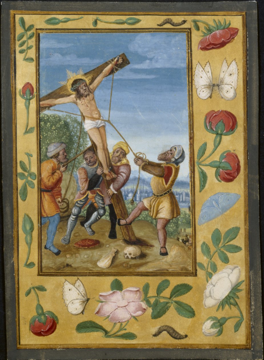 ورقة من كتاب ساعات: رفع الصليب ، ج. 1510-1520. بواسطة غير معروف